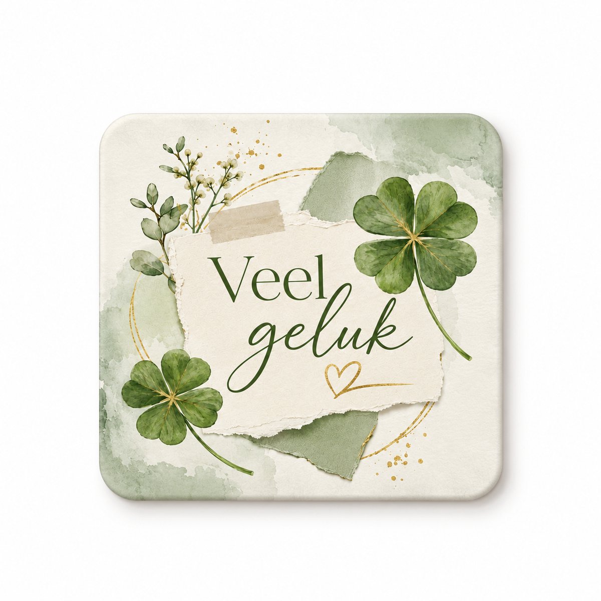 Veel Geluk MDF onderzetter – 10 x 10 cm – Klavertje Vier Cadeau – Gelukswens – Vierkante Onderzetter