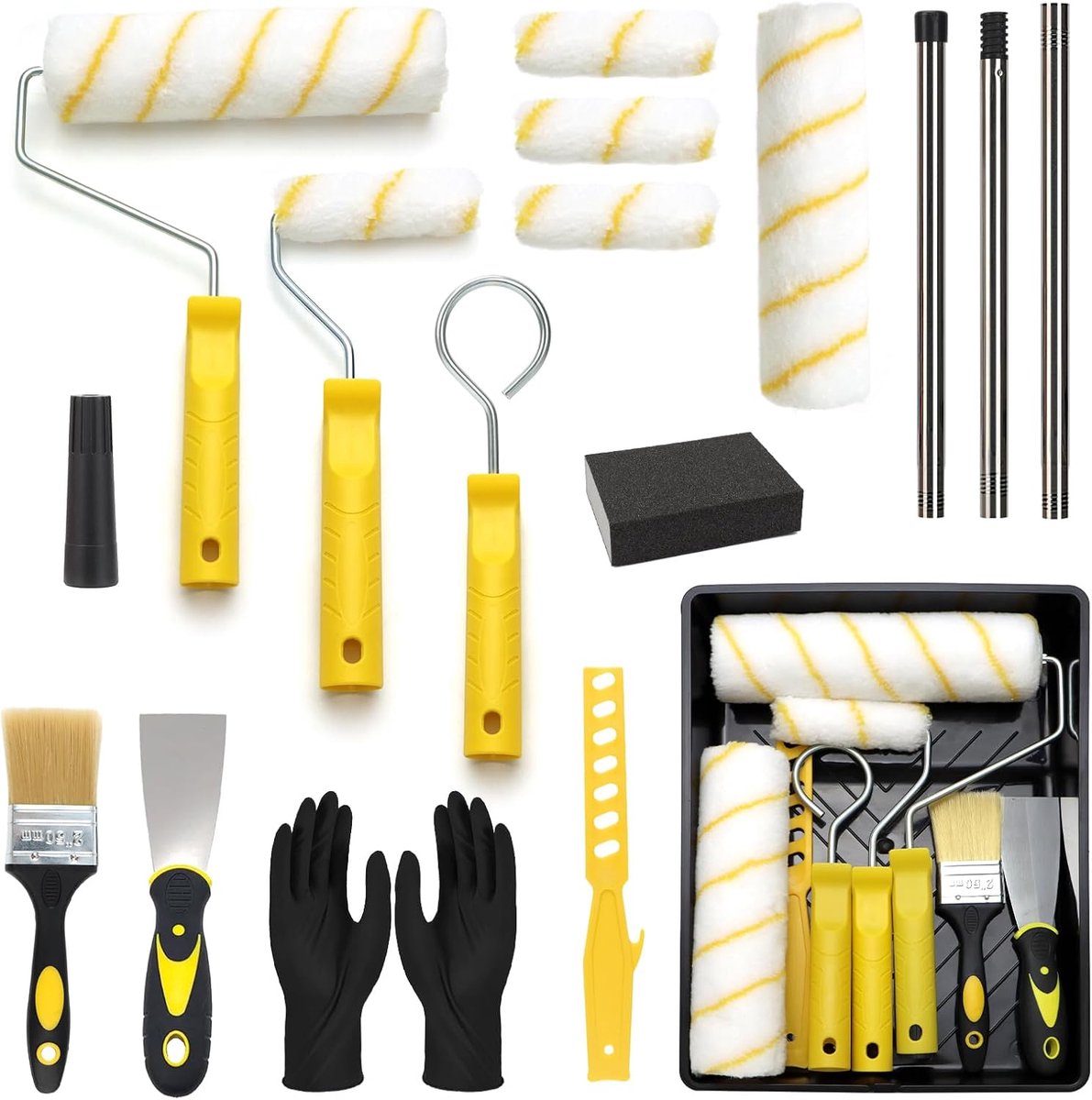 Verfroller set 23 & 11cm - ergonomische handgreep - compleet met kwast en schraper - ideaal voor muurverf - ShopVlot