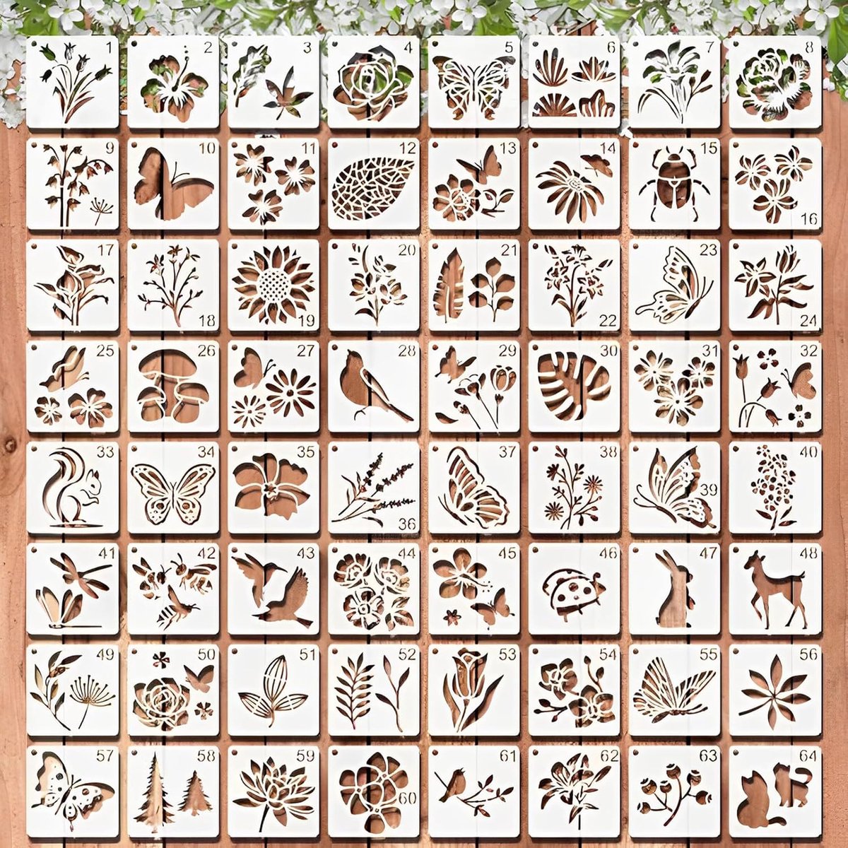 Sjabloonset 64 Stuks - 7,6 x 7,6 cm - Herbruikbaar PET - Natuurlijke thema's - Ideaal voor schilderen en knutselen - ShopVlot