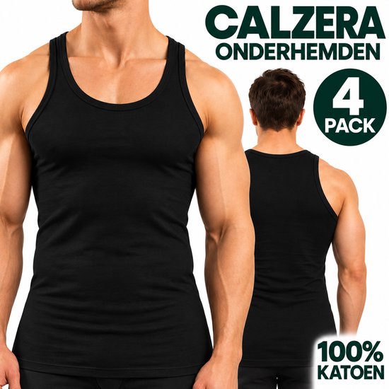 Zwart Calzera onderhemd, model met brede banden, 4-pack, 100% katoen.