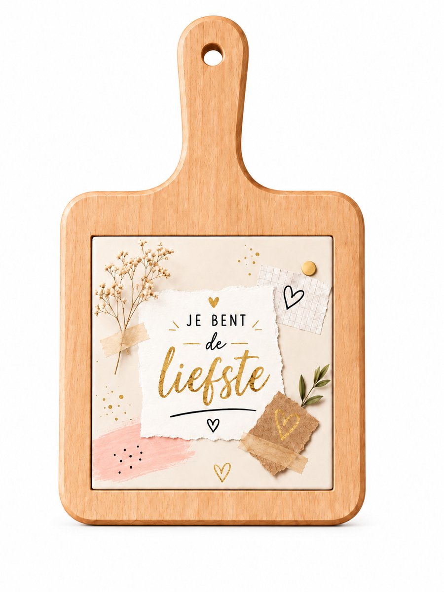 Houten Kaasplank met Bedrukte Tegel “Je bent de liefste” – Goud Design – 18 x 31 cm