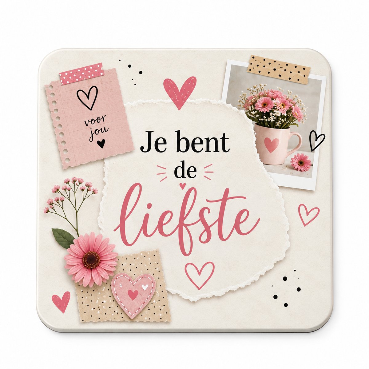 Je bent de liefste MDF onderzetter – Roze Bloemen Design – 10 x 10 cm