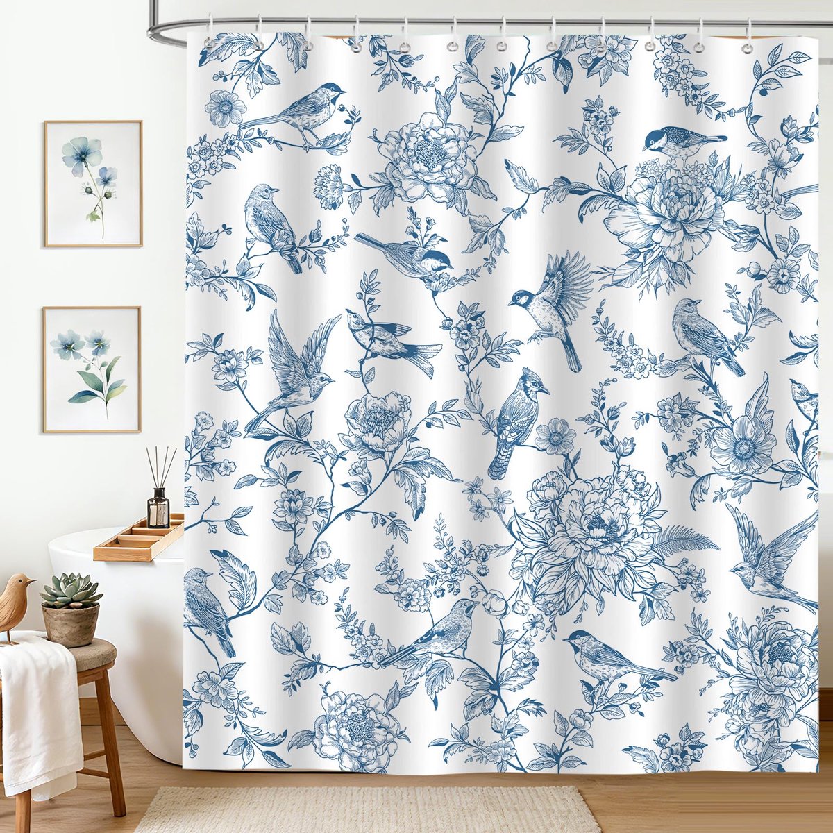 douchegordijn 182x180 cm - vintage blauw - bloemen en vogels - sfeervolle badkamerdecoratie - ShopVlot