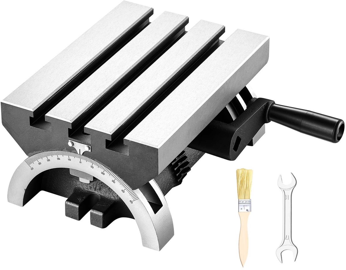 Draaibare hoektafel - Freestafel voor frees- en boormachines - 0-45° links en rechts verstelbaar - Gietijzer - 3 T-sleuven - Schaalverdeling per 1° - 178 x 127 mm