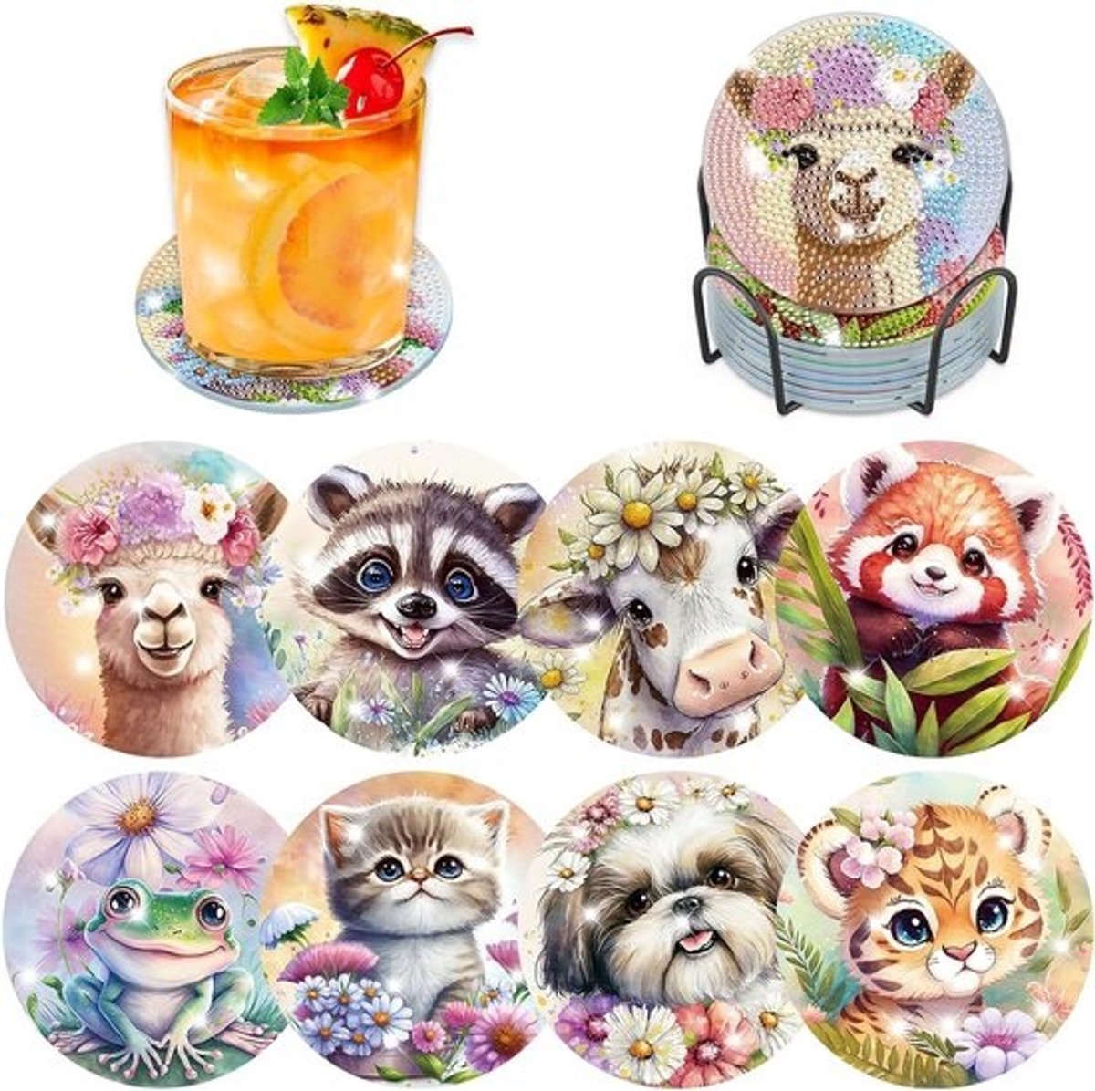 Set van 8 diamantschilderij-onderzetters met houder - DIY voor volwassenen en beginners met kurk