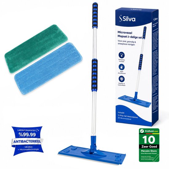 Silva microvezel mopset met telescopische steel, inclusief blauwe en groene dweildoeken.
