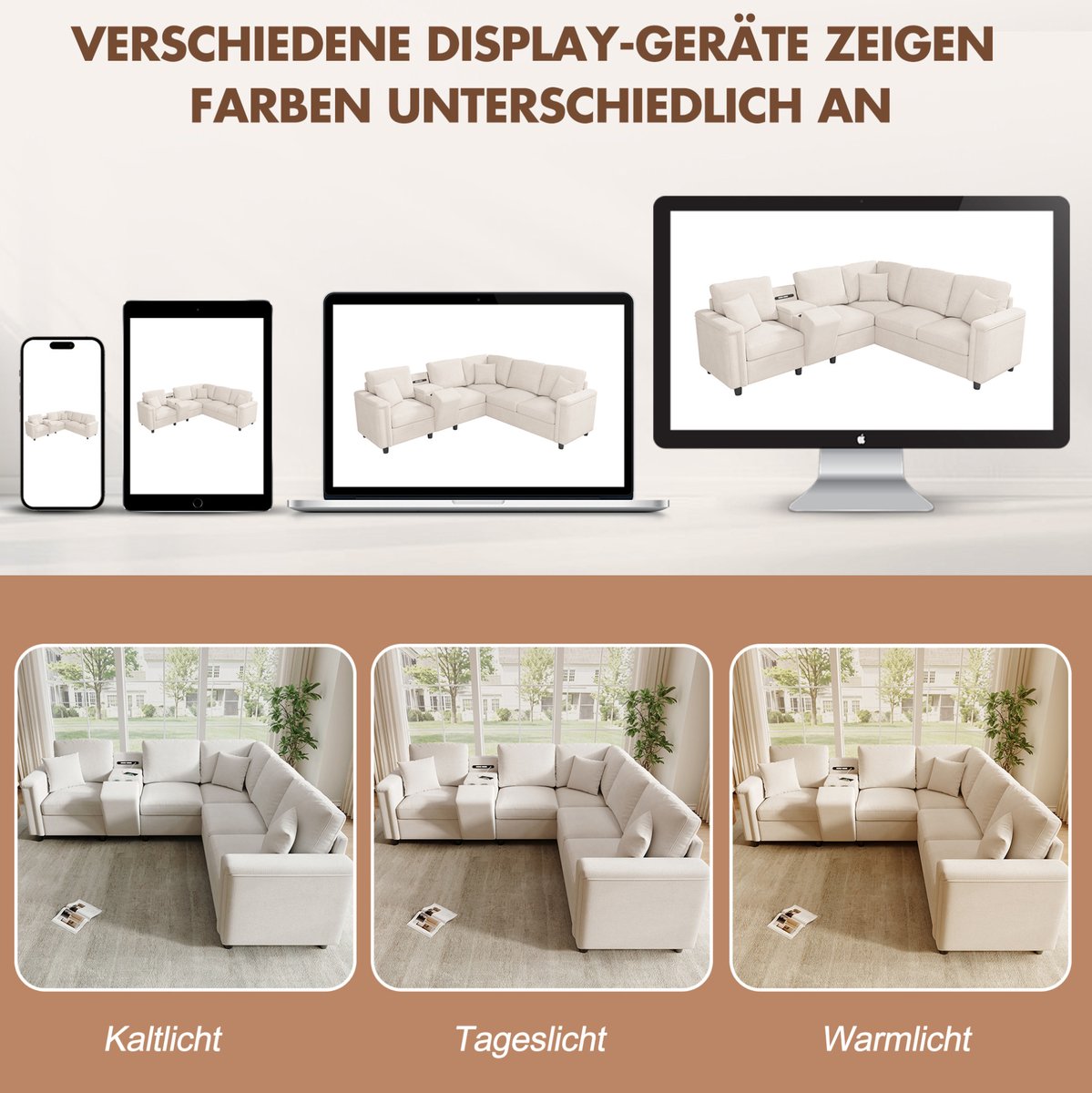 MIVRAY Hoekbank 235 x 208 cm - Opbergconsole Met Bekerhouders, USB En Type-C En Leeslamp - Voor Woonkamer - Chenille Beige