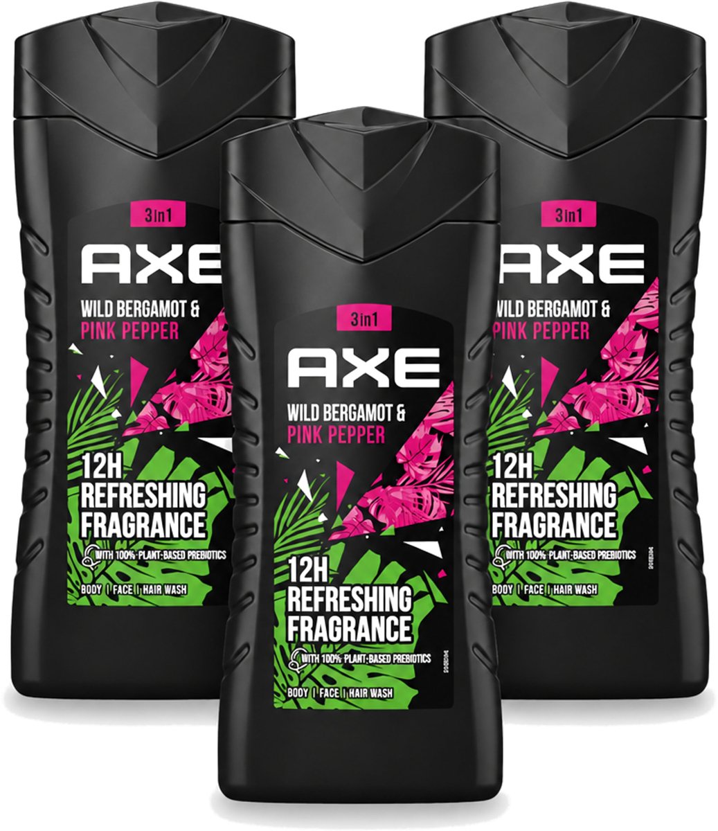 3 x Axe - 3-in-1 Douchegel - Wild Bergamot & Pink Pepper - 100% Plantaardig - 250 ml - Voordeelverpakking - 3 stuks