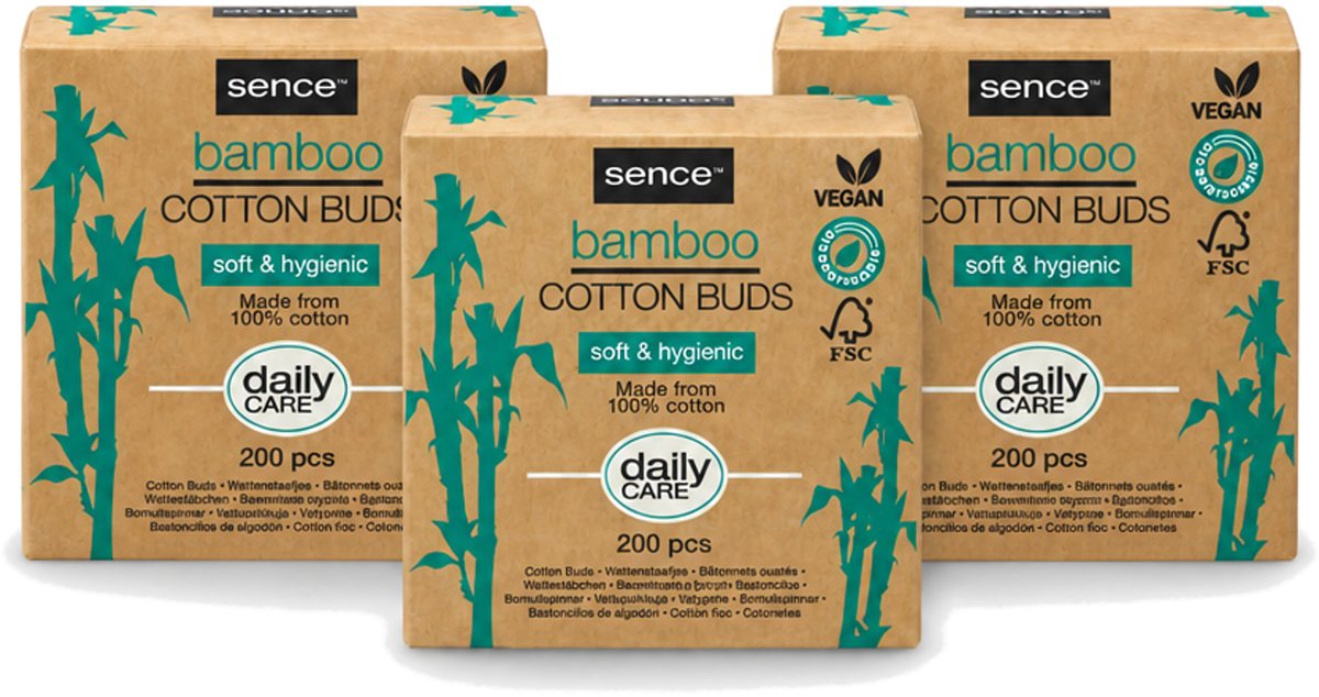 3 x Sence - Bamboe - Wattenstaafjes - Afbreekbaar & Vegan - 200 Wattenstaafjes - Voordeelverpakking - 3 stuks
