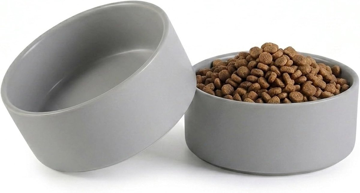 SnelShoppen - Keramische Drinkbak en Voederbak voor Honden en Katten, Antislip, Set van 2 Stuks, 15 cm, 320 g/720 ml, Grijs, Geschikt voor Kleine en M