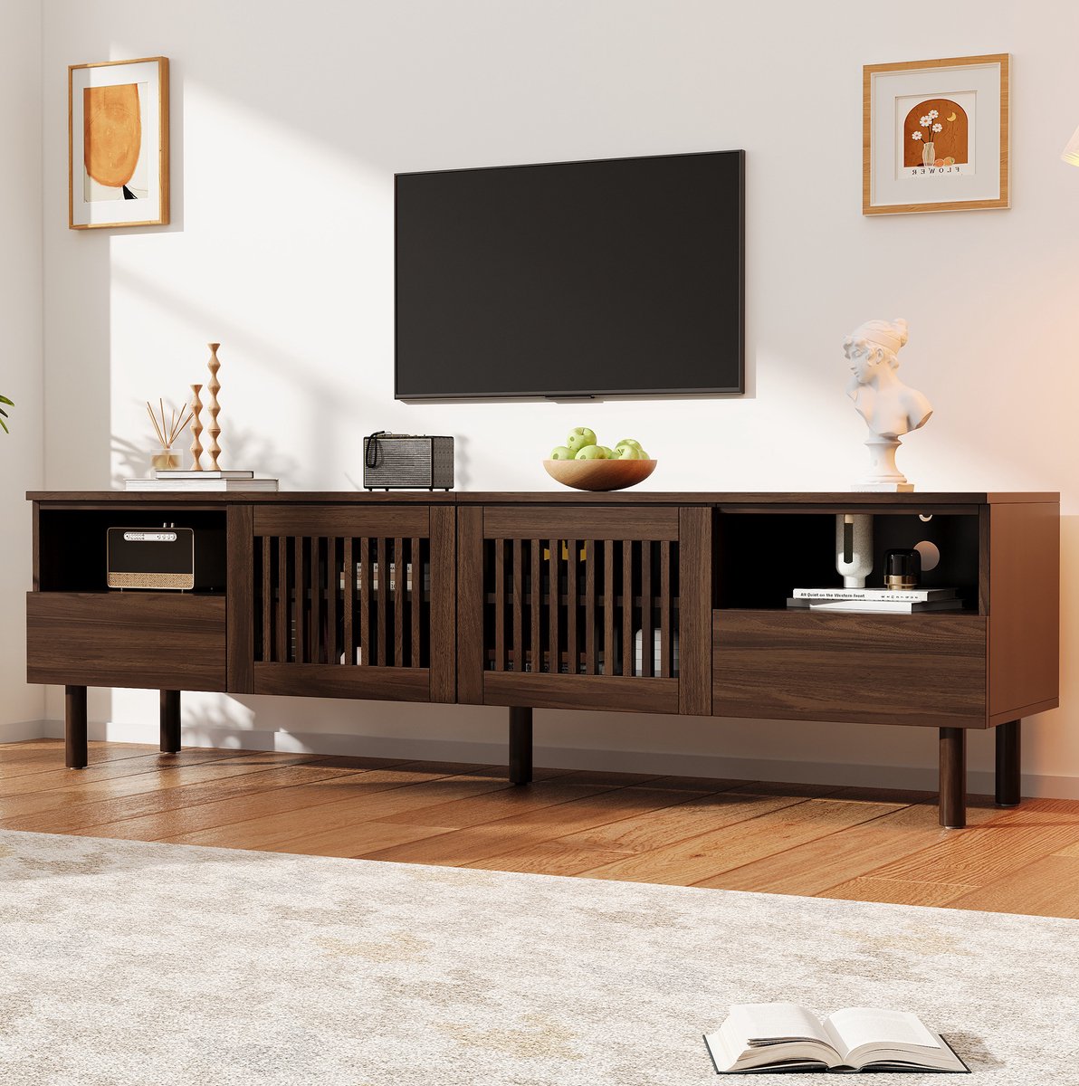 OKWISH TV Meubel - 180 Cm - 2 Deuren En 2 Lades - Open Vakken Met Kabeldoorvoer - MDF Walnootkleur - Voor Televisies Van 55 Tot 75 Inch