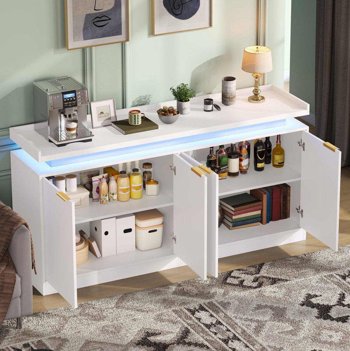OKWISH Keukenkast Met LED Verlichting Vier Deuren Ruime Opbergruimte Voor Keuken Eetkamer En Woonkamer MDF Wit 160 x 39 x 83 cm