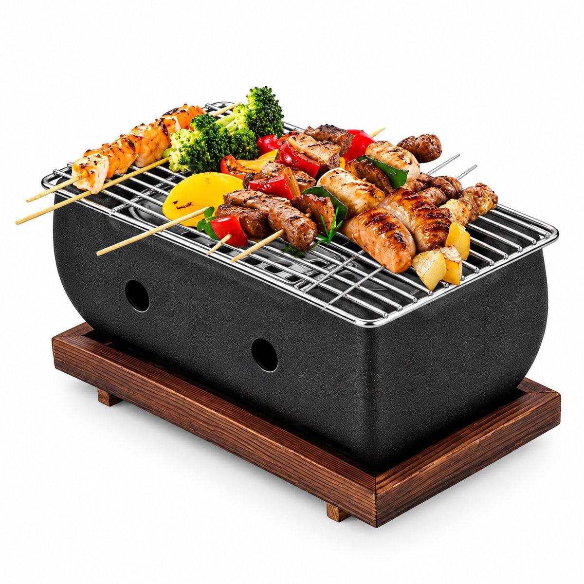 Hibachi Grill – Keramische Tafelbarbecue op Houtskool – Draagbaar met Houten Onderstel – 24,6 x 13,5 cm