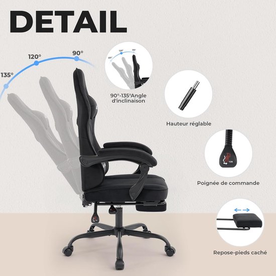 SnelShoppen - WOTSTA Gamingstoel met Voetensteun, Stof met Sponskussen, Ergonomische Bureaustoel voor Volwassenen en Kinderen, Draagvermogen 120 kg, C van snelshoppen — afbeelding 3
