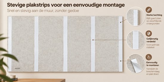 Lichtbruin viltbord met zes verticale witte plakstrips voor montage.