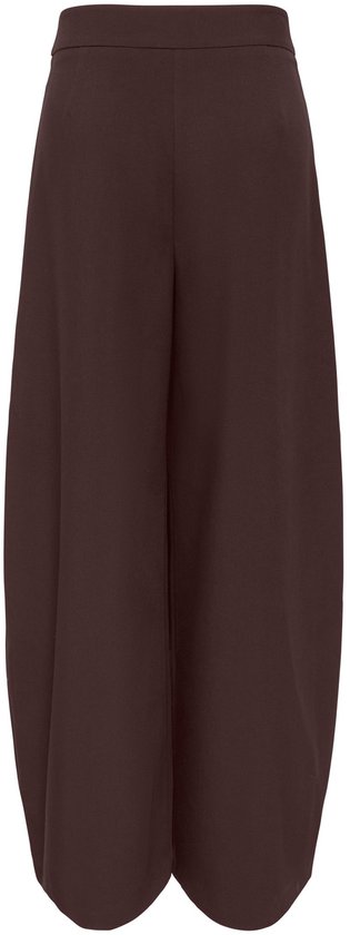 Donkerbruine broek met wijde, gedrapeerde pijpen en hoge taille, van achteren gezien.