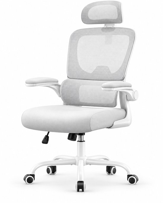 Grijze ergonomische bureaustoel met witte basis, verstelbare armleuningen en hoofdsteun.