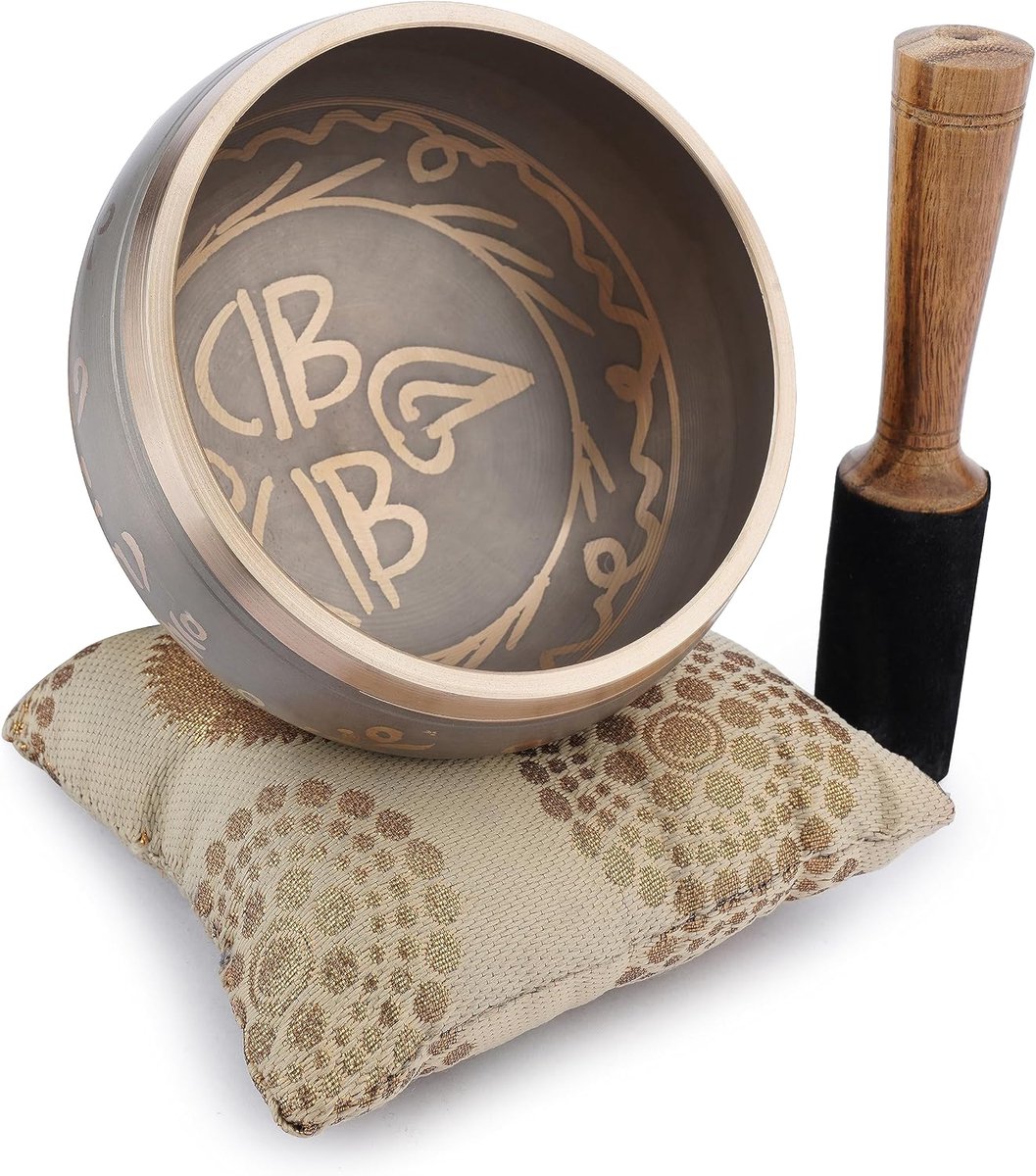 Klankschalenset - Handgemaakte Meditatie Klankschaal van Messing met Stok en Kussen voor Yoga Chakra Healing Mindfulness en Stressverlichting Spirituele Geschenken - Beige