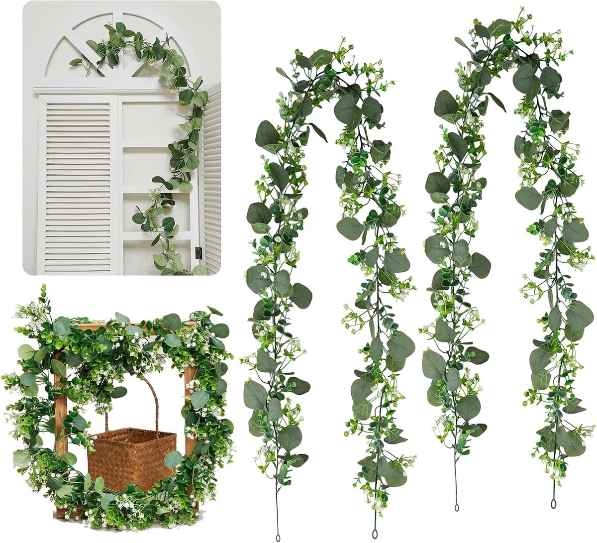 2 stuks kunstslinger, eucalyptus, slinger, eucalyptusplant met witte bloemen, eucalyptusbladeren, 1,8 m kunstplant, slinger, hangende planten, bloemenwijnstok voor bruiloft, boogdecoratie