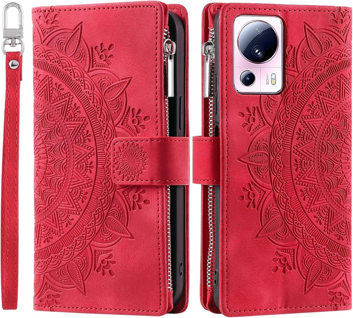 Hoes voor mobiele telefoon voor Xiaomi 13 Lite, klapbare telefoonhoes met bloemenmotief, beschermhoes met kaartenvak, mobiele telefoon, bookcover, flipcase, standaard, rood