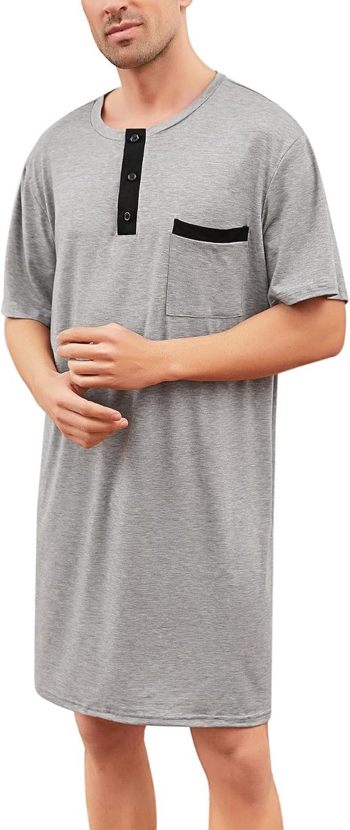 Nachthemd voor heren, katoenen pyjama met lange mouwen, korte mouwen, pyjama-bovenstuk, lang T-shirt, ronde hals met knopen, huiskleding, grote maat, zacht, comfortabel