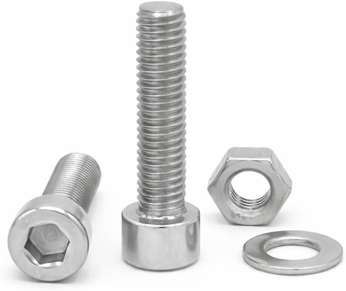 Inbusschroeven met cilinderkop roestvrij staal (AISI 304) incl. 20 schroeven met 20 moeren en 20 sluitringen (60 stuks) - schroeven met volledige schroefdraad (M6 x 16 mm)