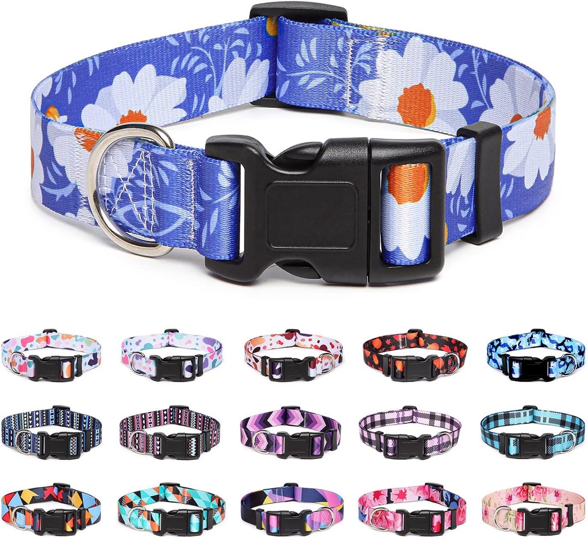 Verstelbare nylon halsband met patronen, zachte comfortabele halsband voor kleine tot middelgrote honden (S, Madeliefje)