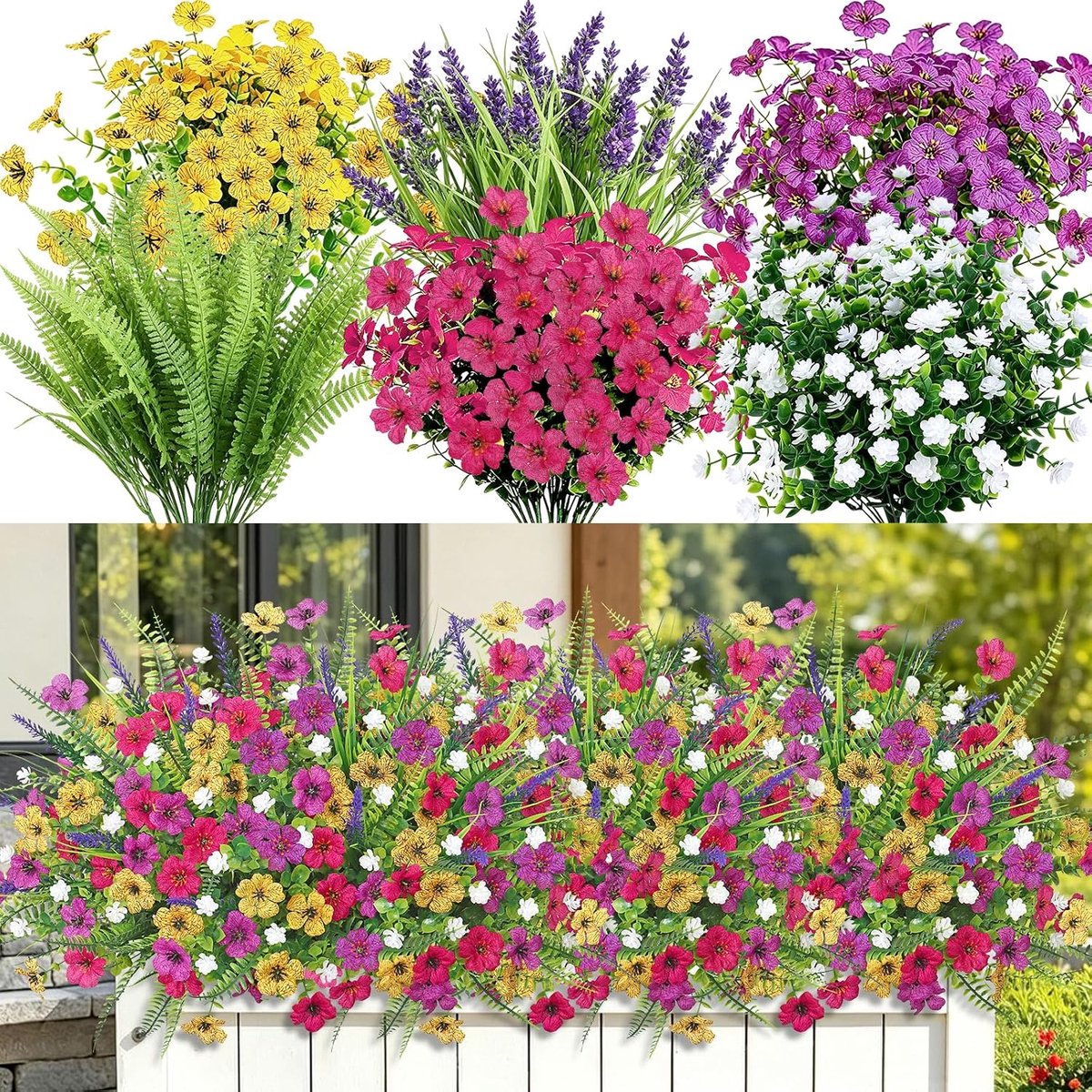 Kunstbloemen voor buiten, kunstbloemen zoals echte kunstbalkonplanten, weerbestendig, uv-bestendig, kunstbloemen, lente, plastic bloemen voor buiten, balkon, tuin
