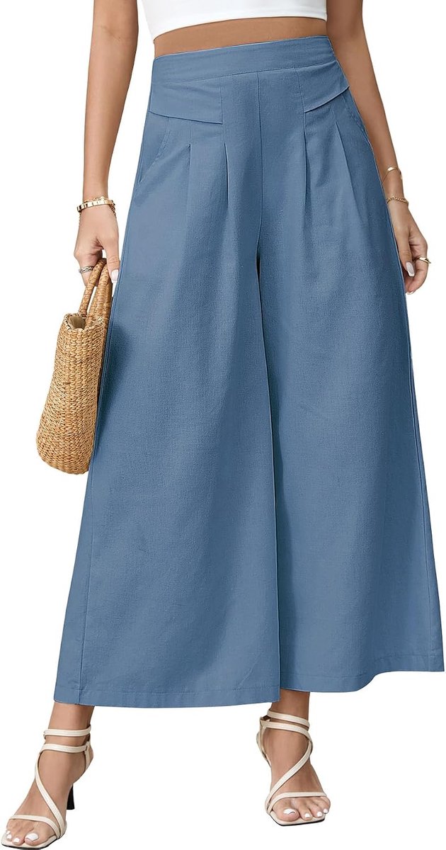 Wijde pijpen broek linnen broek elastische hoge taille broek met zakken effen kleur 7/8 broek casual uitlopende Palazzo Loose Fit Lounge Wear broek