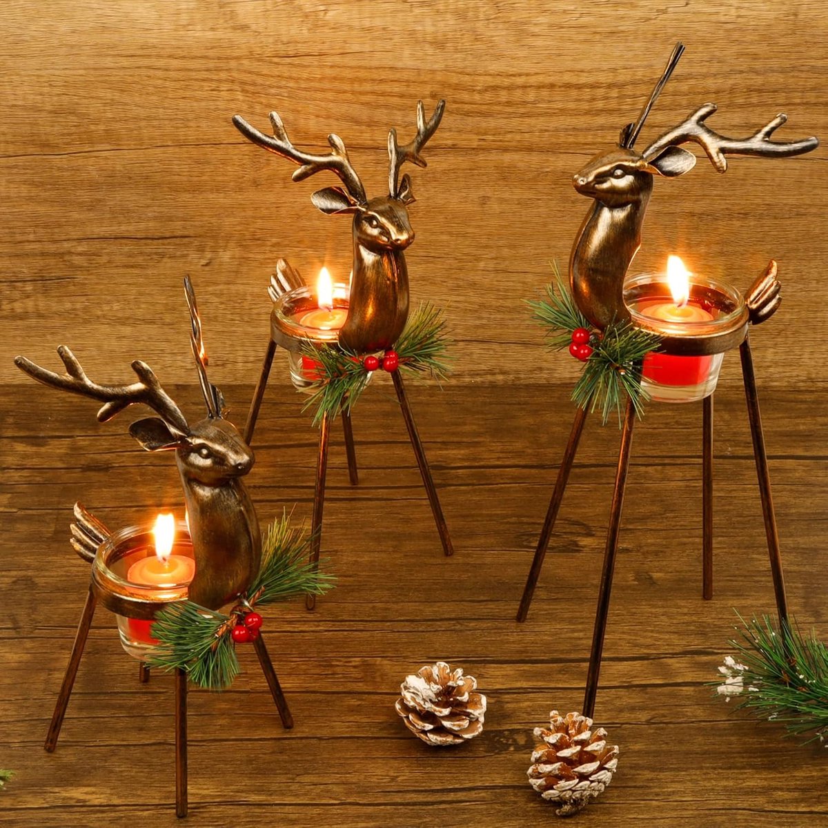 Set van 3 rendier theelicht kandelaars, staande ijzeren metalen kerstversiering, glazen votief kaarsenhouder, duurzaam en roestbestendig vakantie tafelblad middelpunt en display