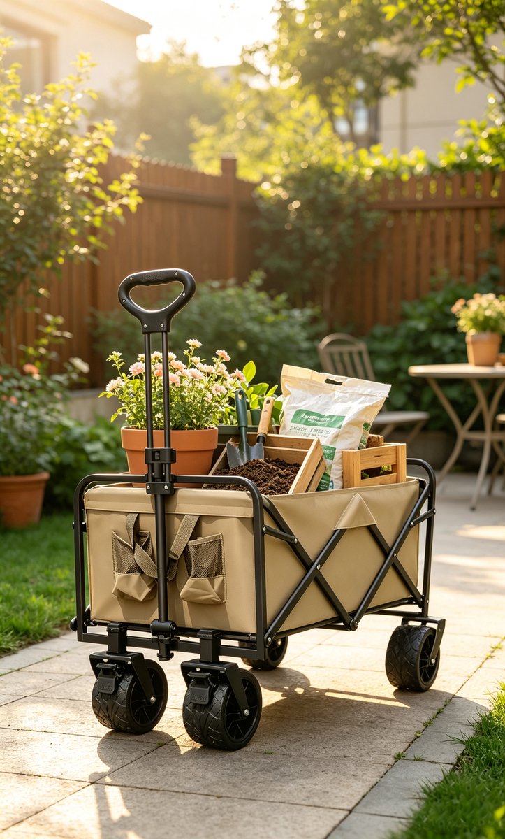 Khaki （83*50*70 cm）Opvouwbare Bolderkar Strandkar Kampeerwagen 360° Draaibare Voorwielen met Dubbele Rem Dikke Stalen Buizen Grote Inhoud Buiten en Tuin