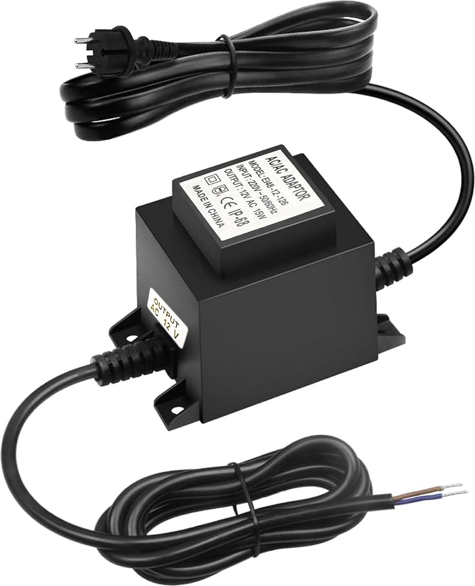 12 V voeding AC/AC 15 W, buitenstekkervoeding, transformator IP68, transformator 220 V 12 V met stekker, led-voeding 12 V voor ledverlichting en vijverpompen