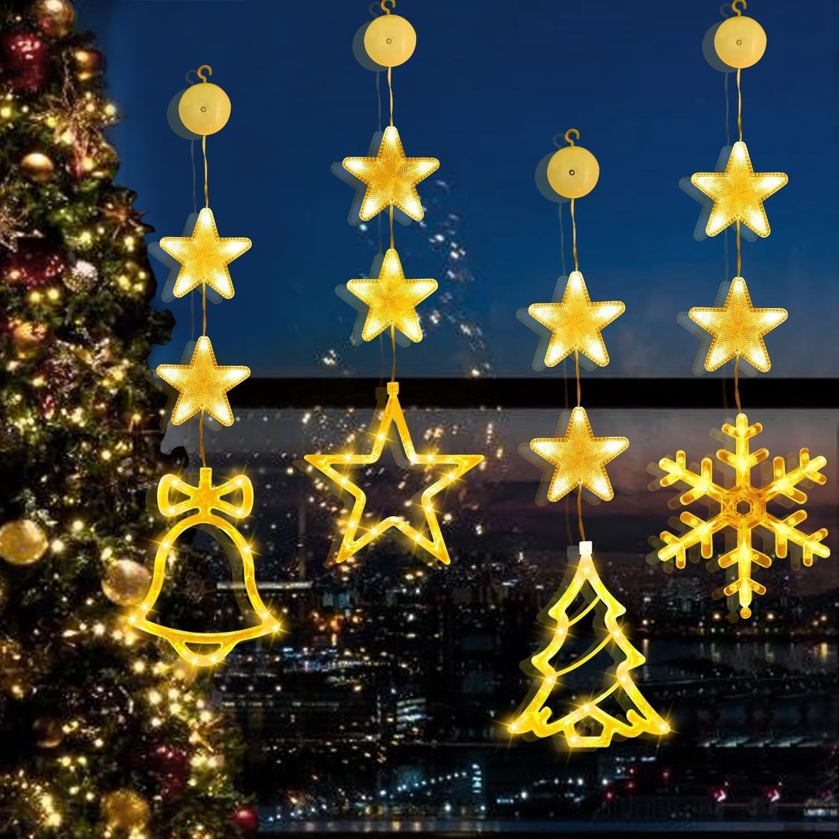 Set van 4 LED Sterren voor Ramen, Kerstdecoratie met Zuignappen, Verlichte Sterren voor Raam, Feestelijke Verlichting, Kerstverlichting, Raamdecoratie
