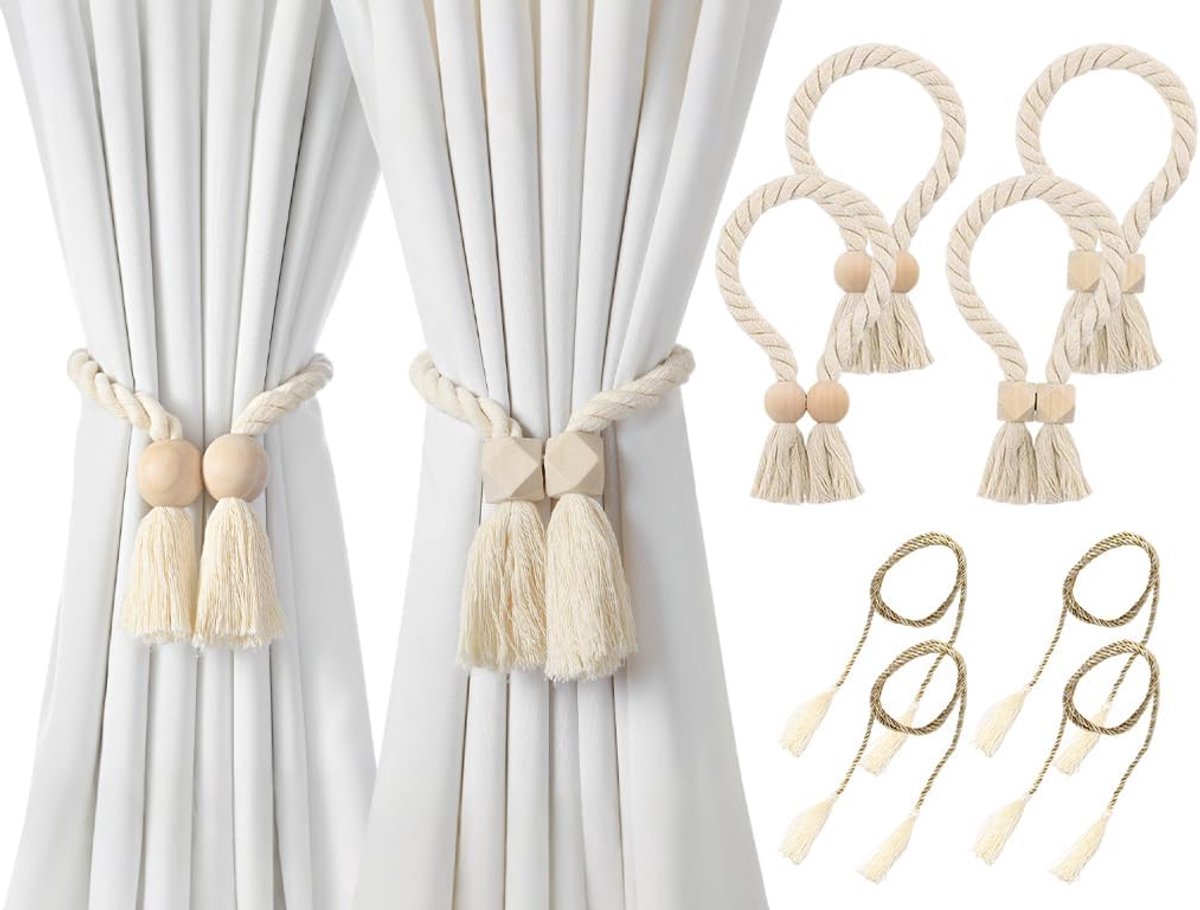 4 stuks gordijnhouders voor gordijnen, magnetische gordijnhouders, gordijnhouders van hout, boho, handgeweven - ShopVlot