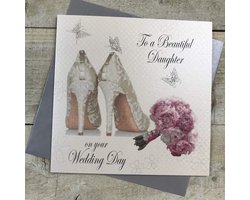 WHITE COTTON CARDS Bruiloft dag handgemaakte kaart aan een mooie dochter met schoenen en boeket, wit, PD144,16cm X 16 - ShopVlot