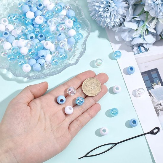 120PCS 12mm Acrylic Hair Beads Kit with Braiding Tool Large Hole Round Blue White Assorted Plastic Pony European - ShopVlot — afbeelding 2