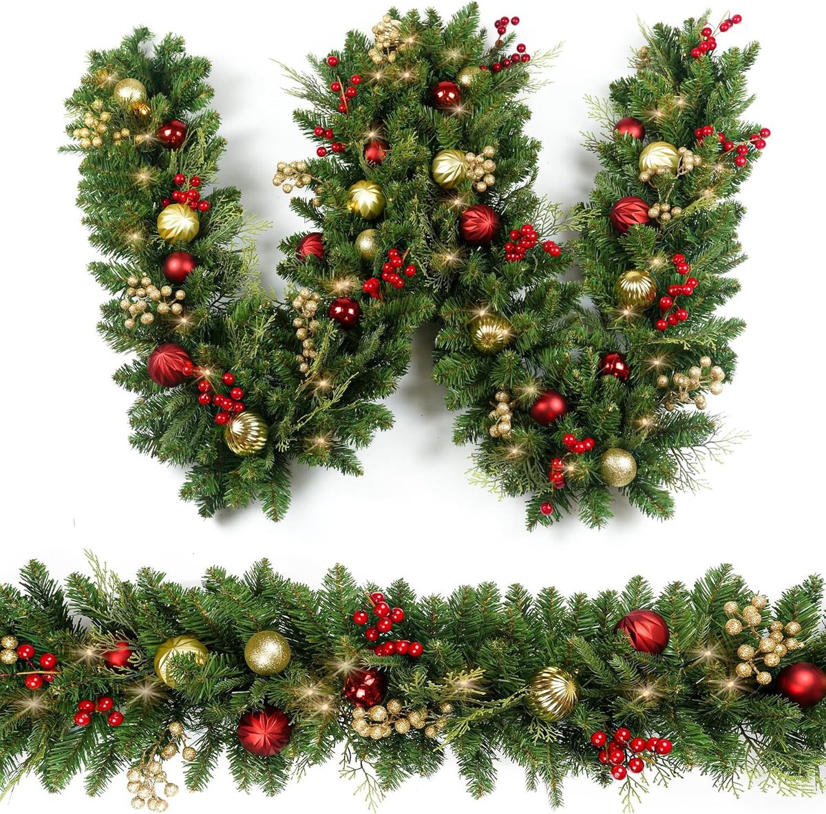 Kerst Guirlande met Verlichting (1.8m) - Kunst Dennen Guirlande met Kerstballen & Bessen - LED op Batterij - Voor Schouw & Trap