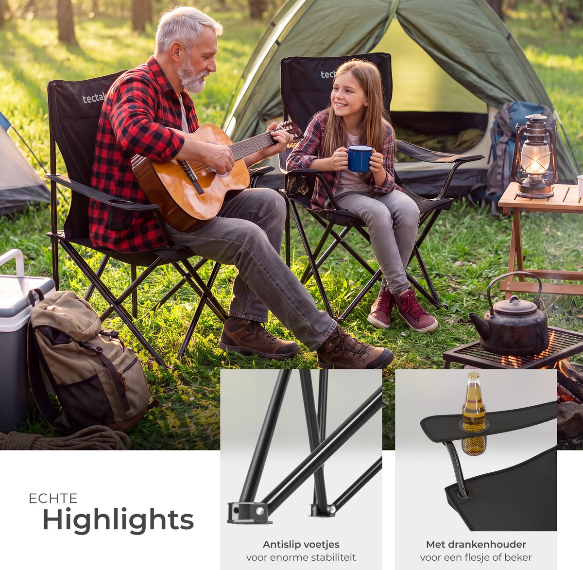 tectake® Set van 2 Campingstoelen - Klapstoel - Opvouwbare Visstoel met Armleuning en Bekerhouder - Inclusief Draagtas - Comfortabele Stoel voor Balkon, Tuin, Festival, Camping - Maximale belasting 100 kg - Afmeting (BxDxH) 80 x 48 x 84,5 cm - Zwart — cadeau in Sport & Outdoor - foto 4