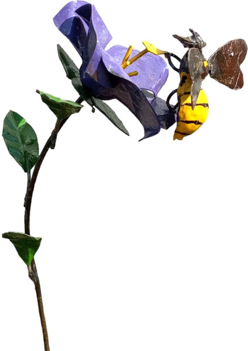 Floz Design tuinprikker metalen bloem met bij - paarse hibiscus - fairtrade - gerecycled metaal