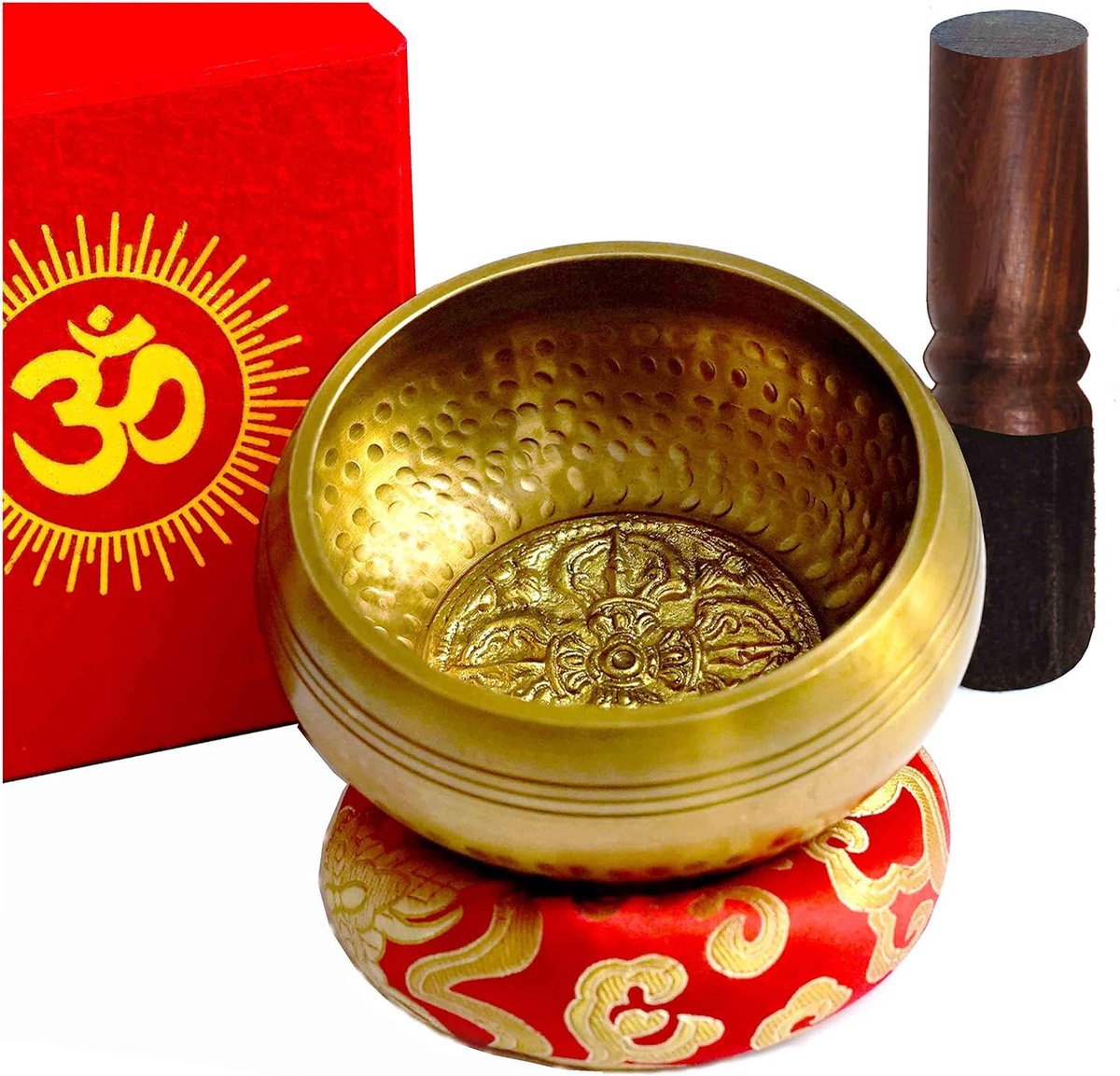 Klankschalenset, Ø12cm, handgemaakt in Nepal ~ Voor meditatie en ontspanning ~ Verkocht met een rode zijden kussen, een met leer beklede hamer en een rode Lotka papieren doos