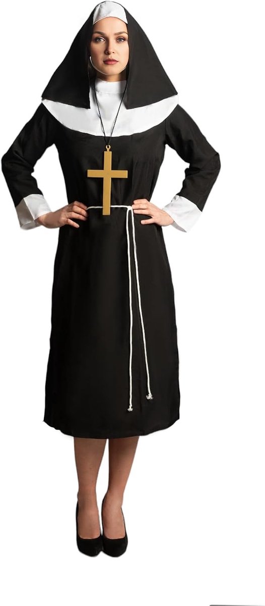 Non Kostuum Dames Nonnen Kostuum Volwassenen, Zwart, Wit - Tuniek, Hoofdaccessoire, Kruis en Touw Riem - Maat S/M, L/XL of 2XL/3XL