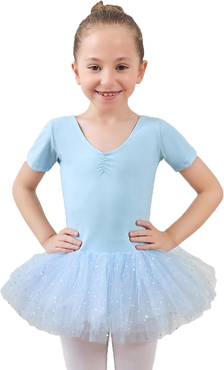 Balletjurk voor meisjes, met glanzende tule, gekruiste rug, korte mouwen, dans turnpakje
