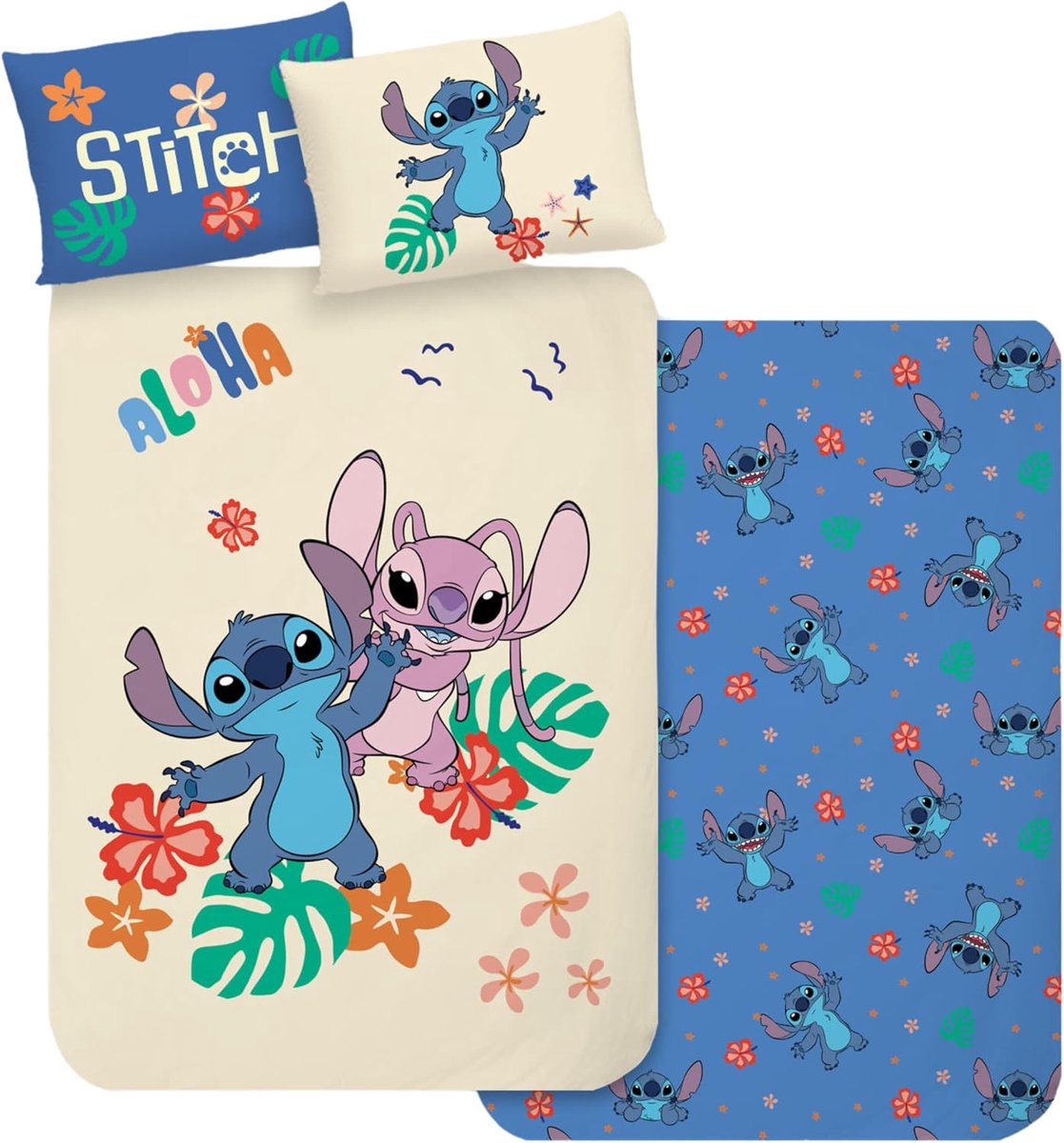 Beddengoed 100 x 135 cm, klein kinderbeddengoed voor meisjes en jongens, babybeddengoed, 100% katoen, 1 x kussensloop 40 x 60 cm + dekbedovertrek 100 x 135 cm, Stitch