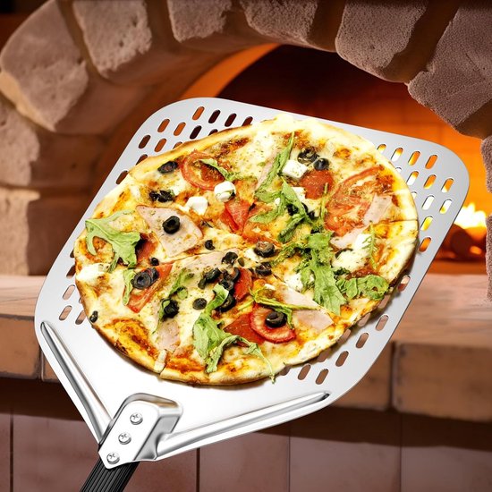 Geperforeerde pizzaschep, pizzaspatel van geanodiseerd aluminium met afneembaar houten handvat, 40 cm, vierkante pizzapaddle, pizzaplank voor het optillen van pizza en gebak — afbeelding 5