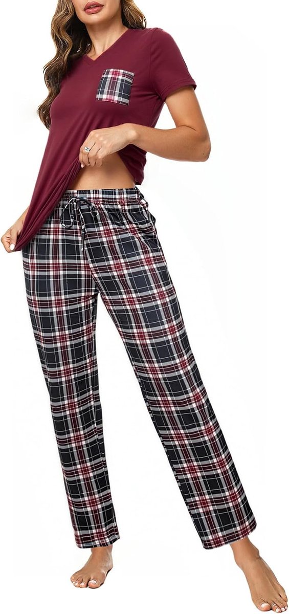 Pyjama voor dames, zomer, katoen, pyjamaset voor dames, V-hals, 2-delig, zachte nachtkleding, T-shirt met korte mouwen en geruite broek, S-XXL