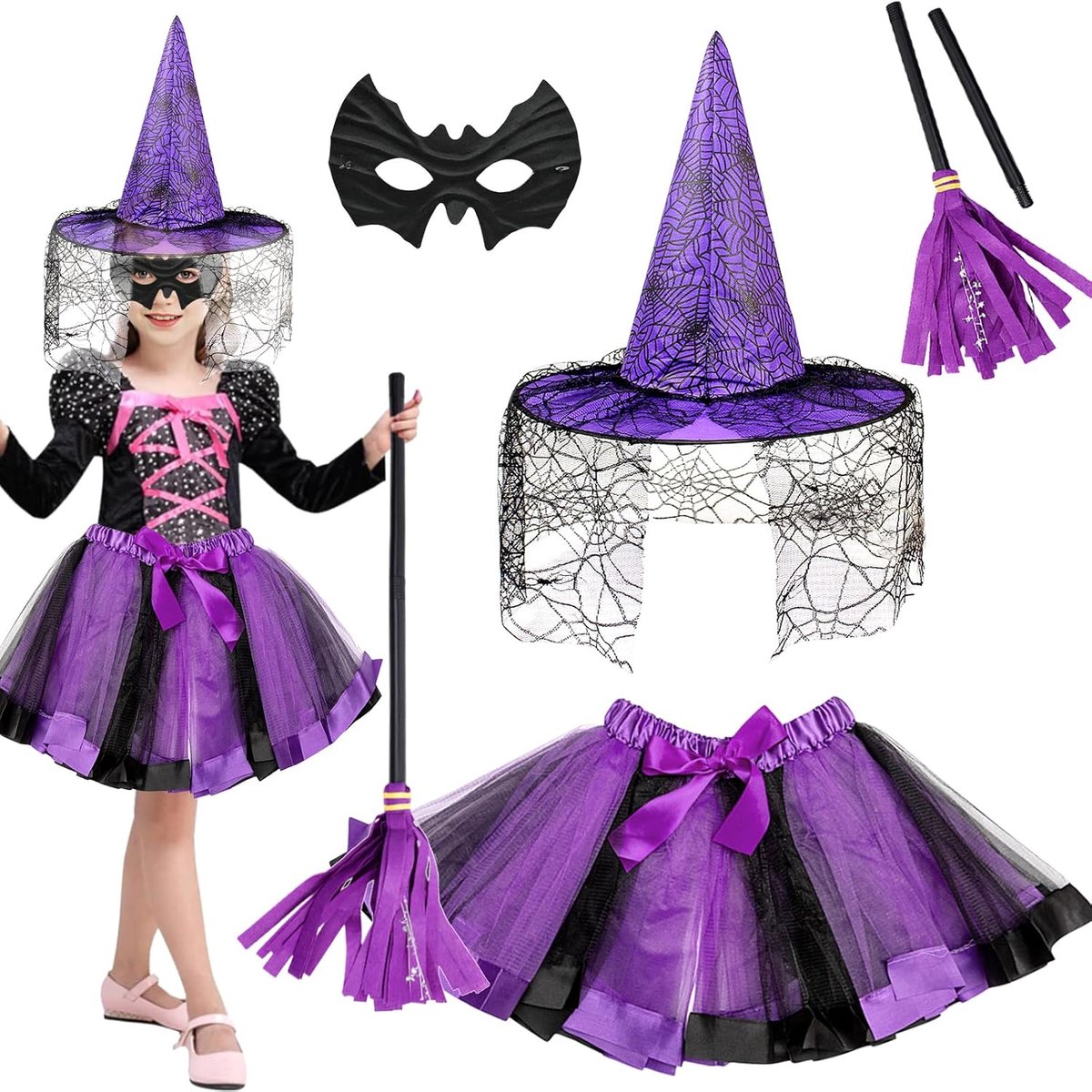 Heksenkostuum voor Meisjes, 4-delig Set met Heksjurk, Hekshoed, Heksbezem, Masker, Tule Rok, Maskerade, Cosplay, Halloween, Carnaval
