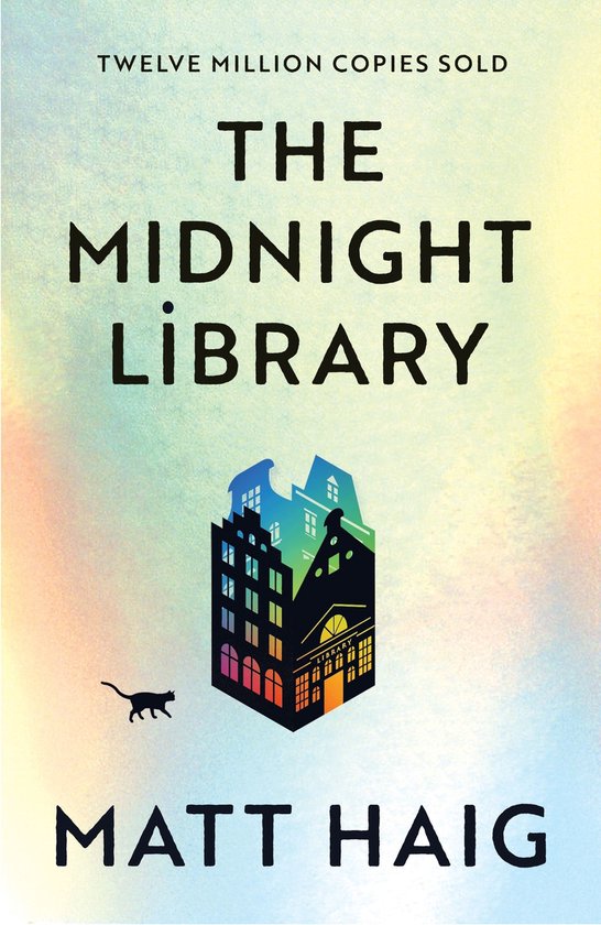Livre The Midnight Library par Matt Haig. Arrière-plan aux couleurs pastel avec une illustration de bâtiments et un chat.