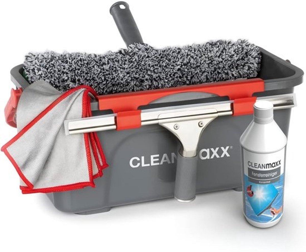 Complete ruitenreinigerset - Van 7 | Makkelijk en effectief ramen reinigen | Inclusief emmer, wisser, microvezeldoek en concentraat | Geschikt voor huis, auto en camper