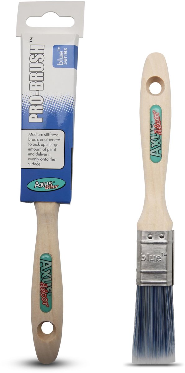 Axus Decor Pro Penseel (blauwe kleur) - 25 mm - voor alle verven, synthetische filamenten, Beavertail handgrepen, roestvrij staal compatibel met Brush