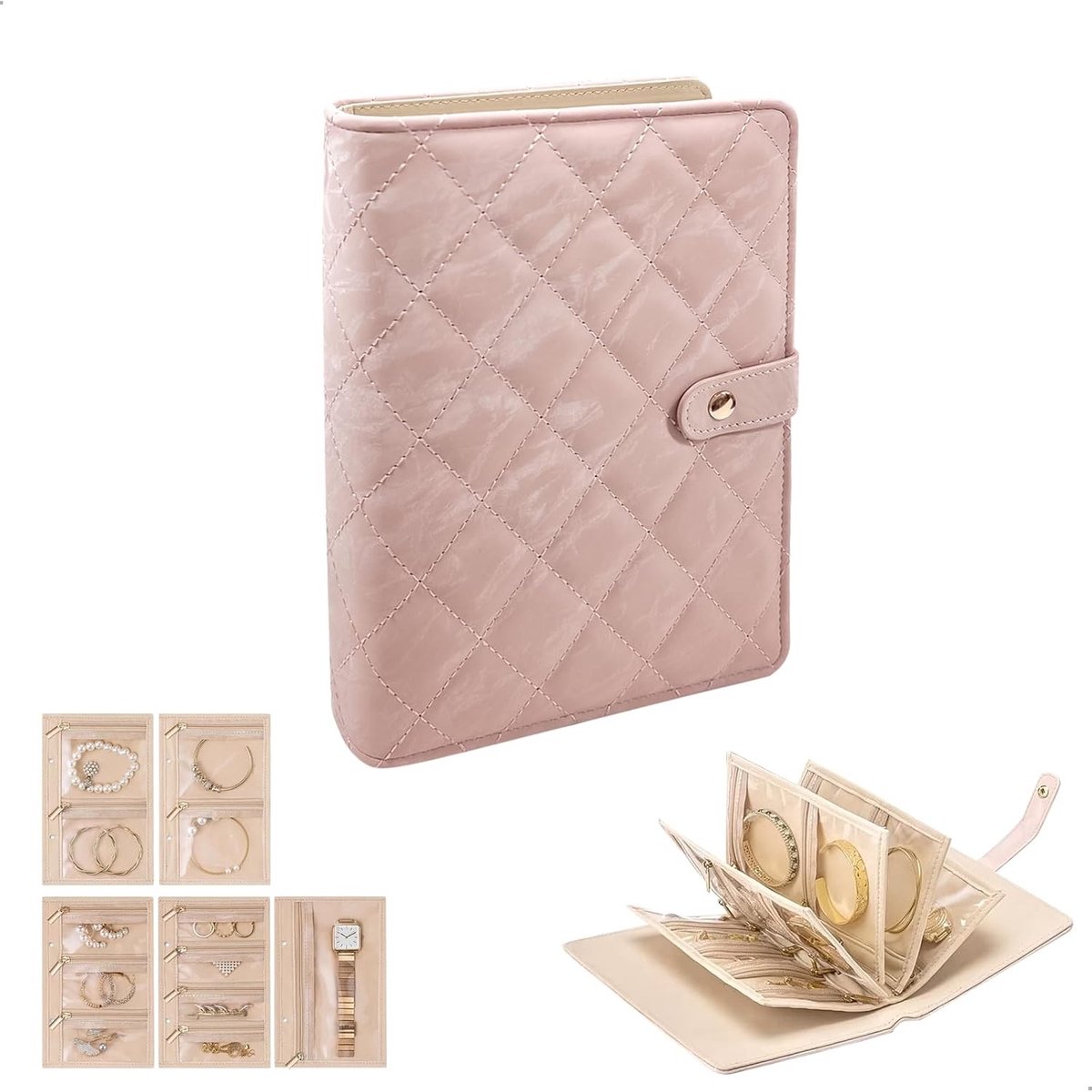 Sieradenbox met verdeelde opbergruimte voor kettingen, ringen, armbanden en oorbellen - Set van 5, 12.5 x 18.3 cm, roze kleur